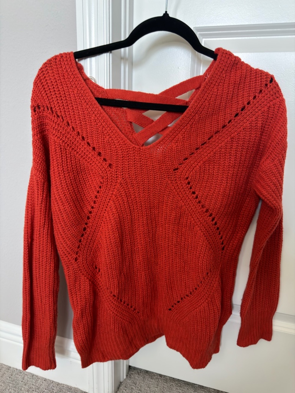 Women's Red V-Neck Knit Sweater with Back Strap Detail